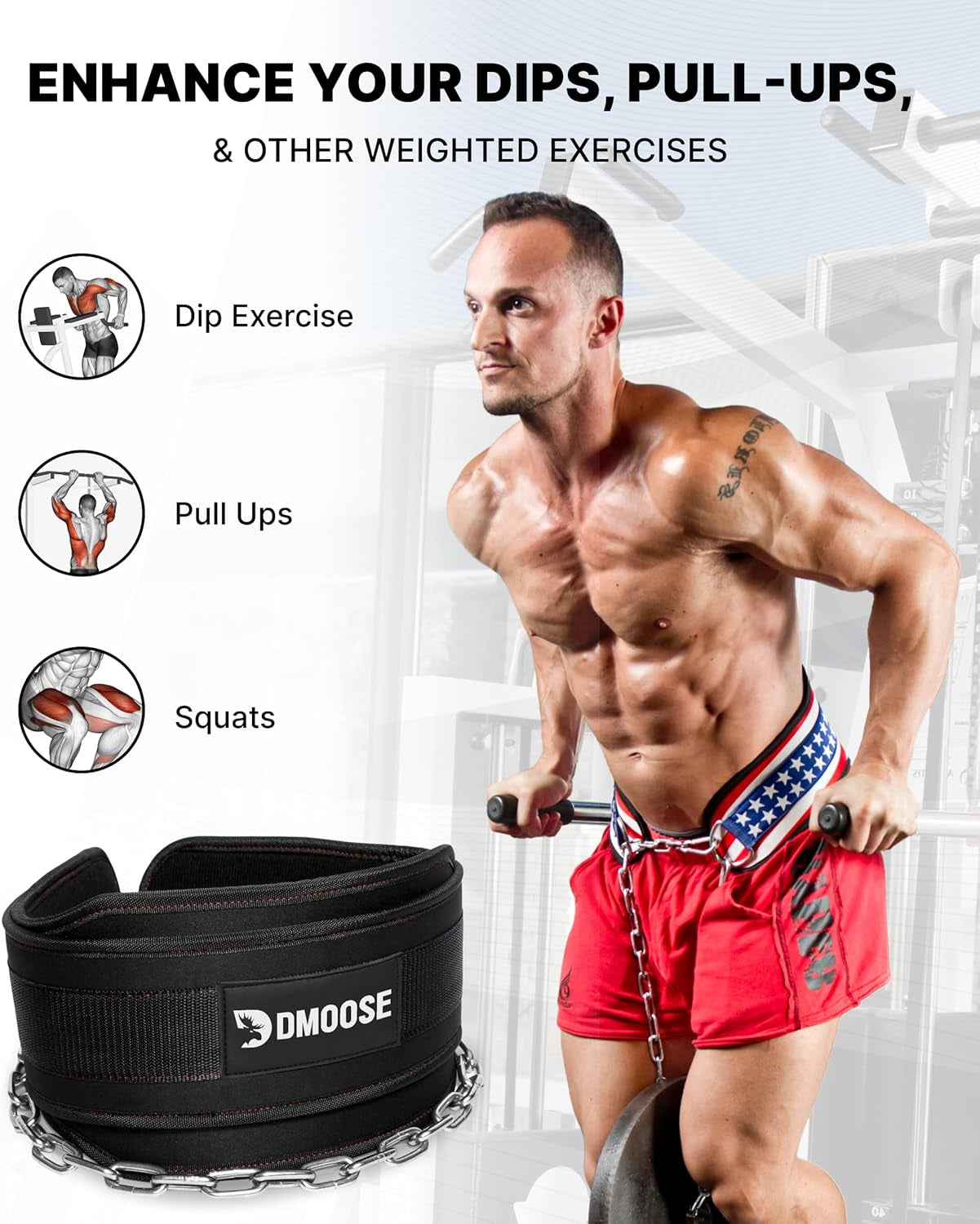 Dip Belt for Weight Lifting, Pullup, Squats & Dips - 36" Robust Steel Chain, Comfortable Neoprene Padding Supports 350Lbs - Gym Weight Belt for Strength Training Workout & Weightlifting